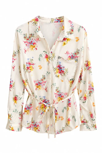 Renkli Çiçekli Cep Taş Detaylı Gömlek Ekru