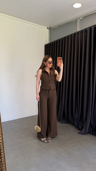 Snap Fermuarlı Çizgili Takım Kahverengi