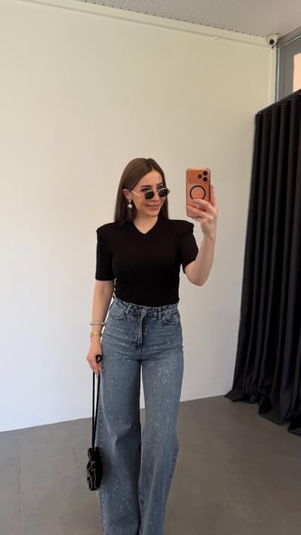 V Yaka Vatkalı Modal Bodysuit Siyah