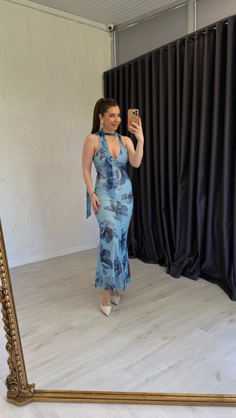 Blue Fular Detaylı Elbise Mavi