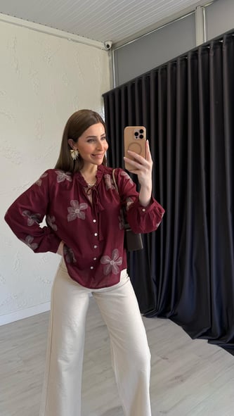 Çiçek Nakışlı Bluz Bordo