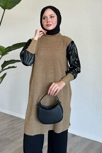 Leather Glitter Sleeve Camel Knit Tunic