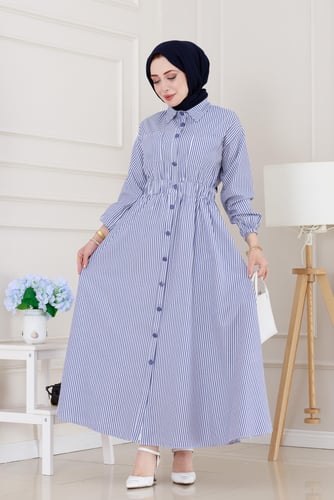 Buttoned Striped Dress-Dark bleu  color