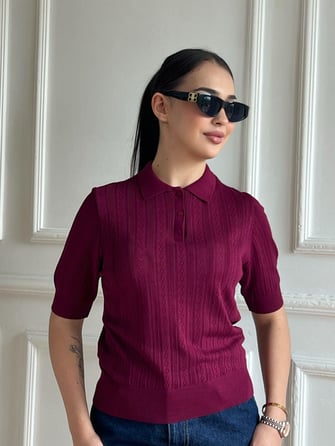 Polo Yaka Ajurlu Kısa Kol Bluz 311 Bordo