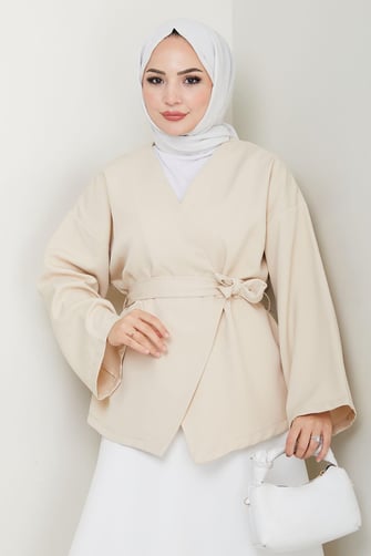 Kuşaklı Tek Düğmeli Double Kimono Taş