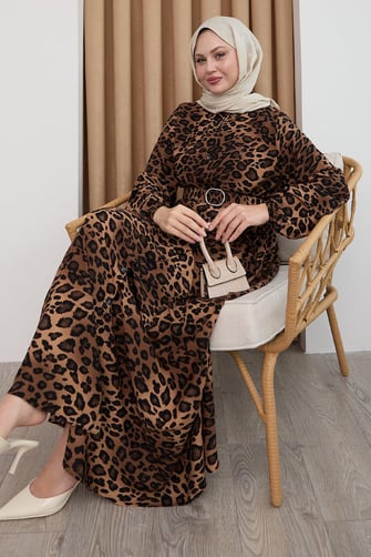Leopar Desen Kahverengi Viskon Elbise