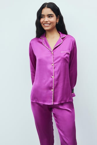 Amour Fuşya Uzun Saten Pijama Takımı