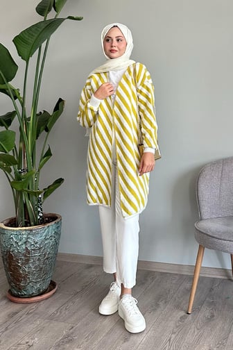 Striped Furry Olive Green Knit Cardigan