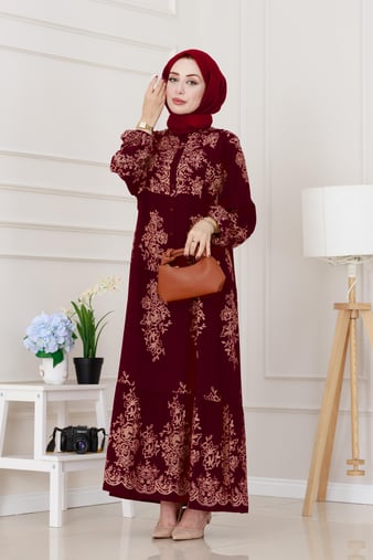 Yarım Düğmeli Robalı Zülal Elbise-Bordo