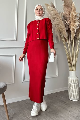 Cardigan Ribbed Two-Piece Red Knit Set