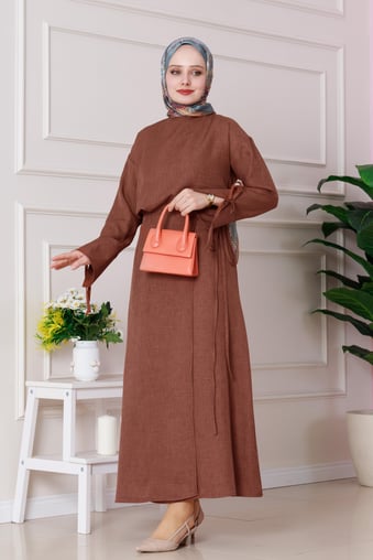 Linen Set with knots details-Brown color