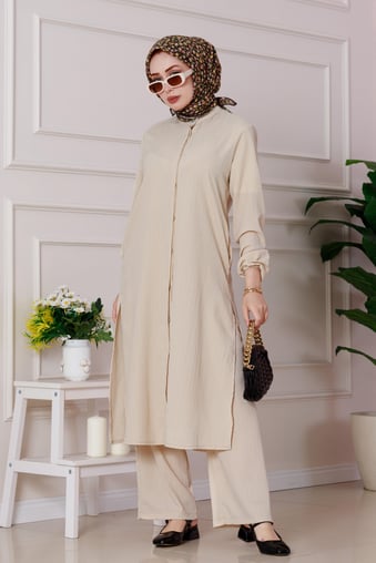 Yırtmaç Detaylı Tunik Pantolon Takım-Bej