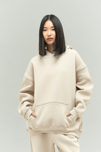 Bej Oversize Kapuşonlu Kadın sweatshirt