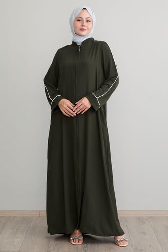 Salvia Salaş Kol Biye Desenli Haki Ferace