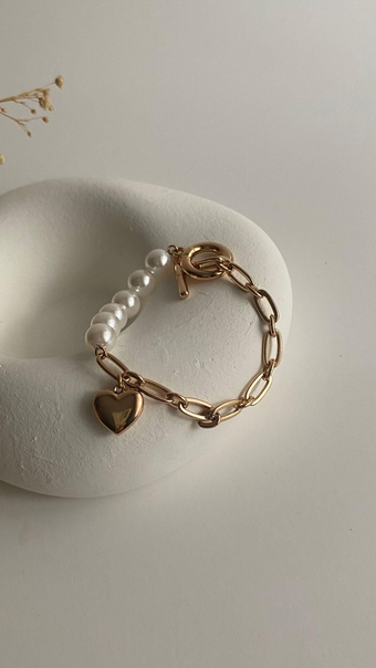 Rose gold elips geçme ve incili kalpli bileklik
