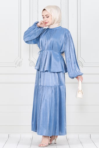 Balloon Sleeve Tunic and Skirt Set - blue 