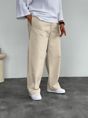 Krem Ön Pileli Baggy Gabardin Pantolon