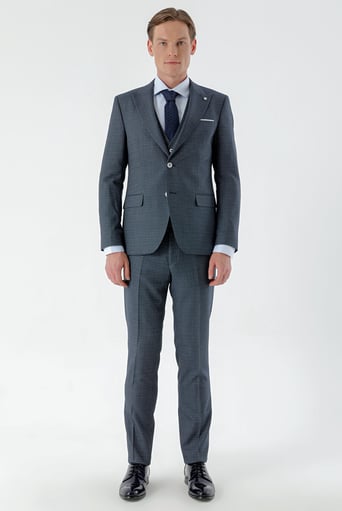 Morven Erkek Lacivert Castel Desenli Yelekli Slim Fit Takım Elbise