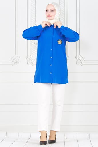 Linen Tunic with Bee Pocket Detail - blue