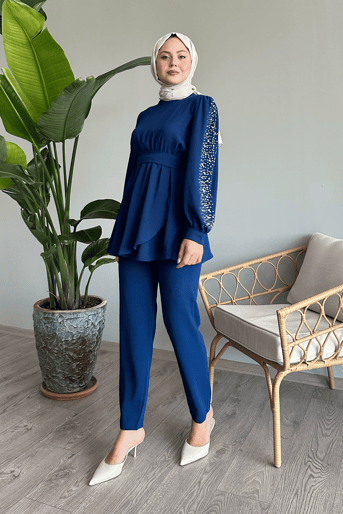 Pearl-Sleeved Gathered Waist Indigo Set