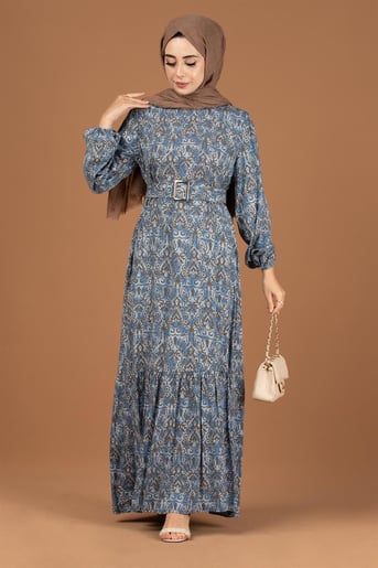 Baroque Patterned Viscose Dress-Brown