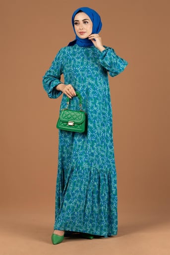Baroque Patterned Viscose Dress-Green