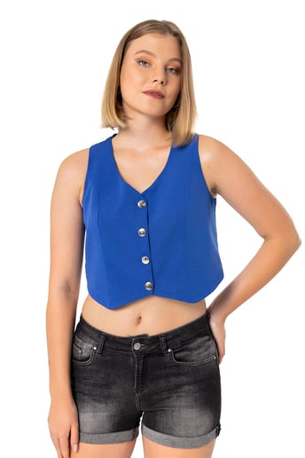Buttoned V-Neck Lined Short İndigo Vest