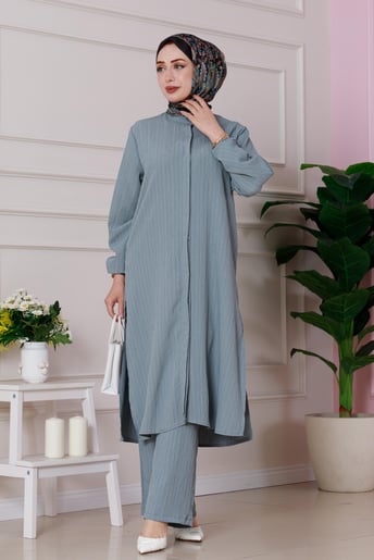Yırtmaç Detaylı Tunik Pantolon Takım-Gri