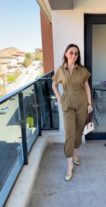 Önden Düğmeli Keten Tulum