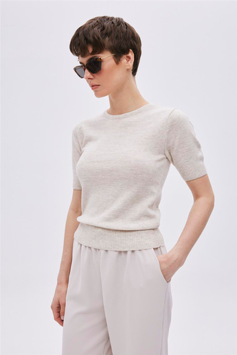 Beige Melange Short Sleeve Sweater