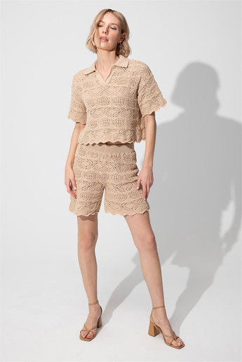 Beige Polo Collar Sweater Shorts Knitwear Suit SWTK4634-35BJ