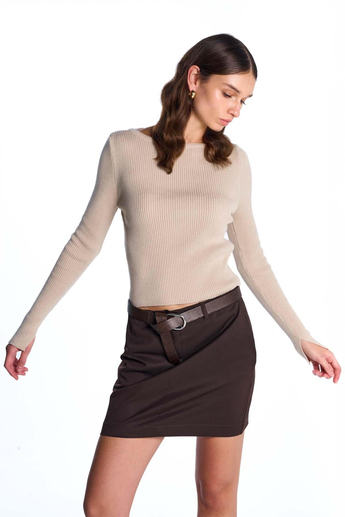 Beige Long Sleeve Ribbed Sweater