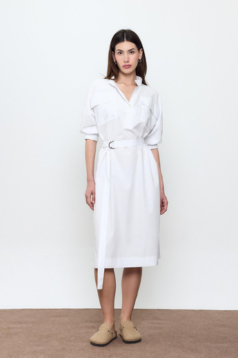 Beyaz %100 Cotton Midi Boy Gömlek Elbise