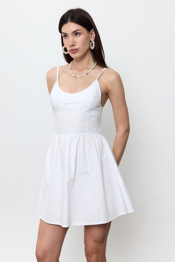 Beyaz %100 Cotton Midi Elbise