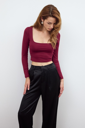 Bordo BASİC KARE YAKA CROP BLUZ