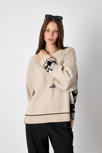 Camel Kuş Desenli Oversize Triko Kazak