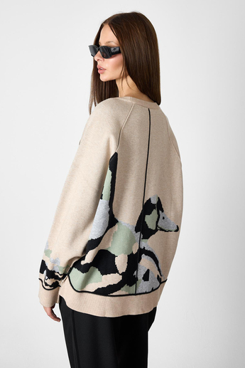 Camel Kuş Desenli Oversize Triko Kazak
