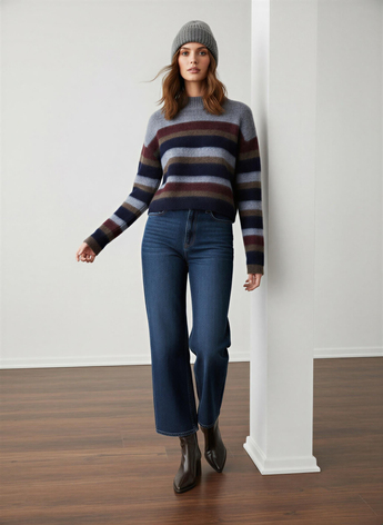 Çok Renkli Çizgili Basic Kazak