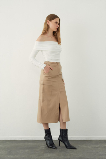 Leather look midi skirt with pocket detail