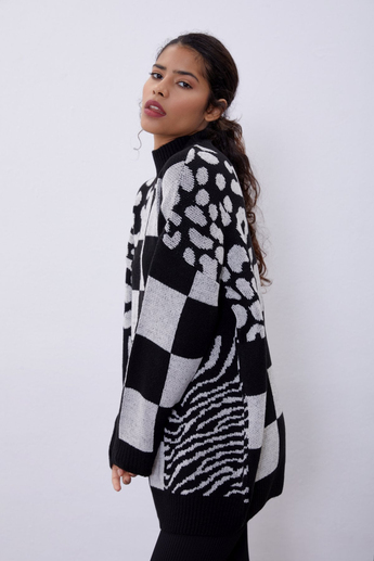 Ecru Patterned Oversize Knit Sweater SWK4441EK