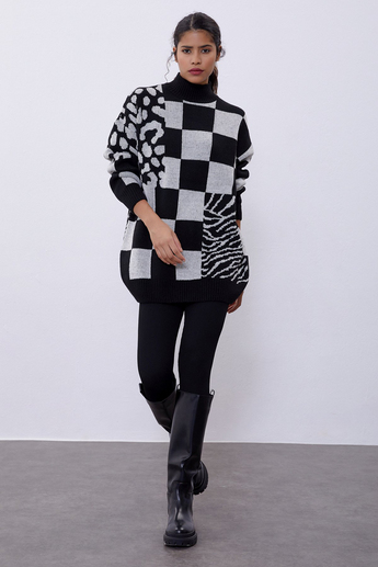 Ecru Patterned Oversize Knit Sweater SWK4441EK