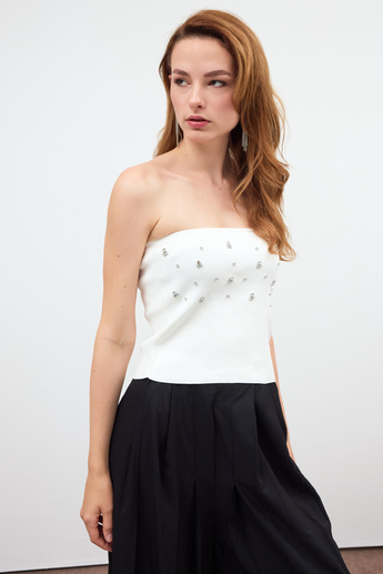Ekru Triko Taşlı Crop Top