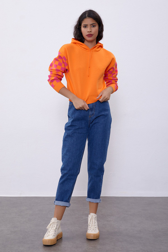 Fuşya Kapüşonlu Dama Desenli Sweat
