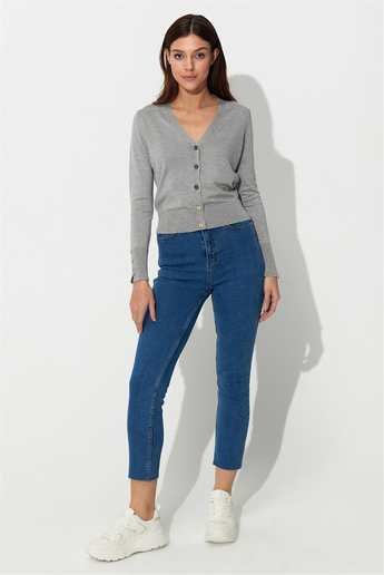Grey Melange V-Neck Basic Knit Cardigan SWC4646GM