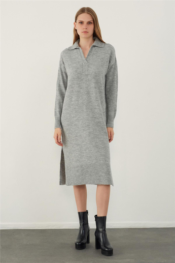 Gri Polo Yaka Basic Midi Triko Elbise
