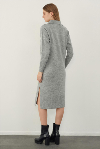 Gri Polo Yaka Basic Midi Triko Elbise