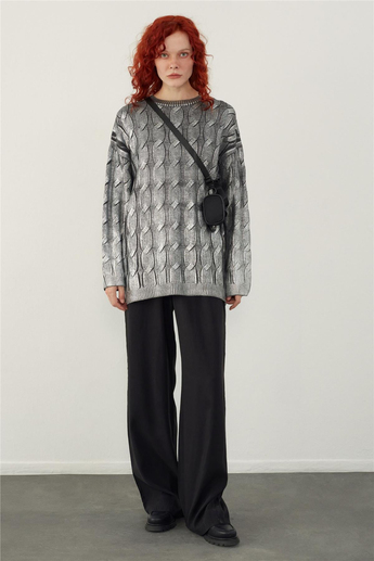 Gri Varak Baskılı Oversize Triko Kazak