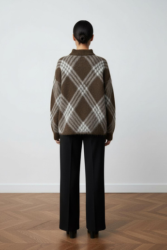 Kahve Ekoseli Oversize Triko Kazak
