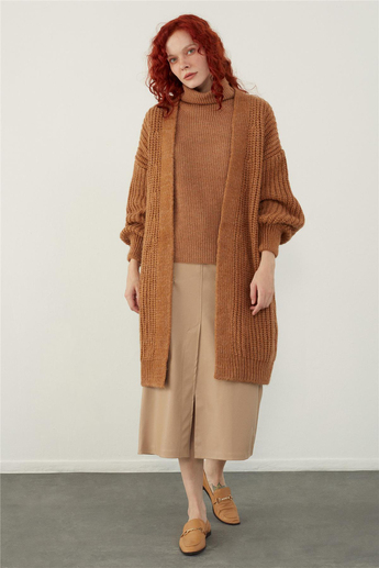 Brown Oversize Open Front Long Knitwear Cardigan