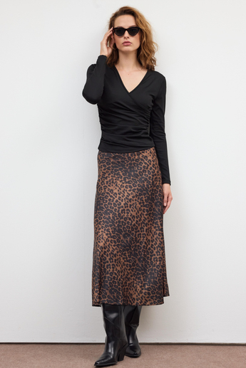 Kahverengi Leoparlı Saten Etek